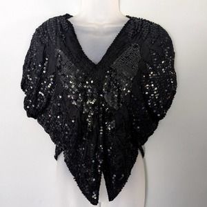 Shatki Vintage Black Silk Sequined 70s Butterfly Top M
